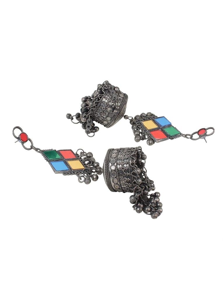Cardinal Oxidized Silver Color Multicolor Stone Jhumka Earrings