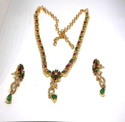 Elegant Gold Plated Necklace & Earring Set with Ruby & Emerald Stones view 3