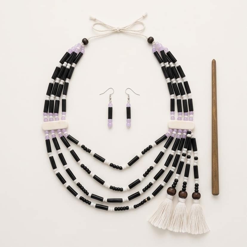 Multi-Layered Beaded Necklace Set with Matching Earrings and a Hair Stick