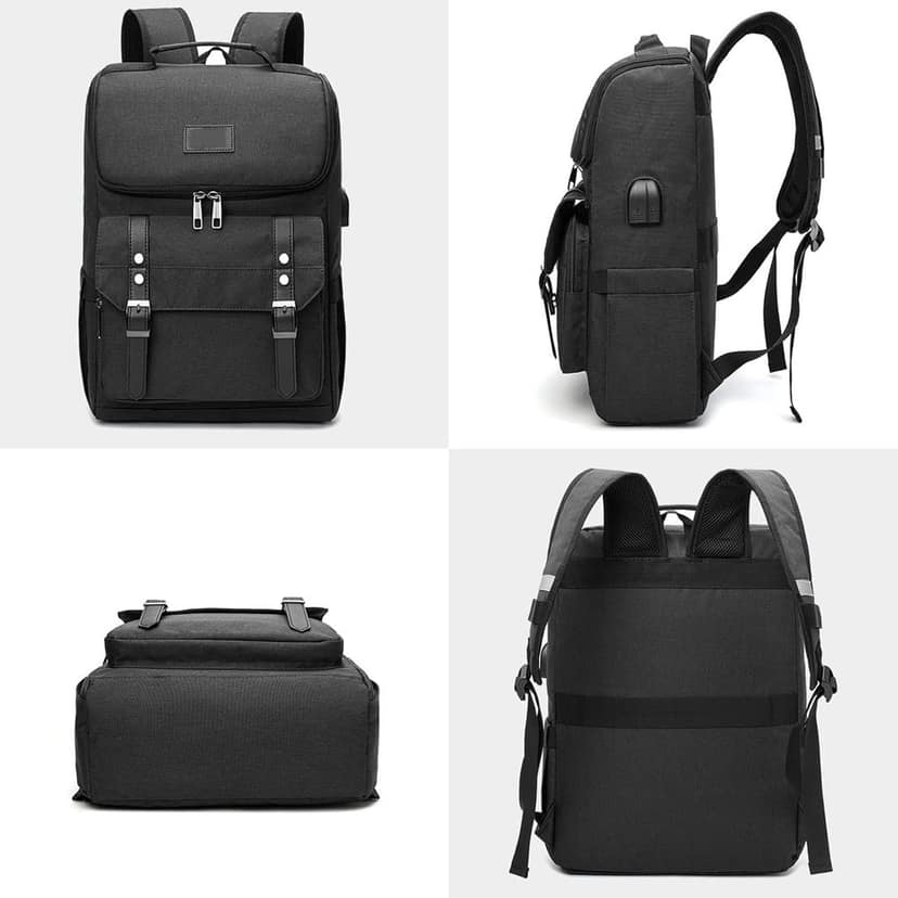 Contacts Unisex Vintage Travel 3 Compartment Laptop Backpack With Usb Charging Port Fits Upto 15.6 Inch Laptop - Black view 3