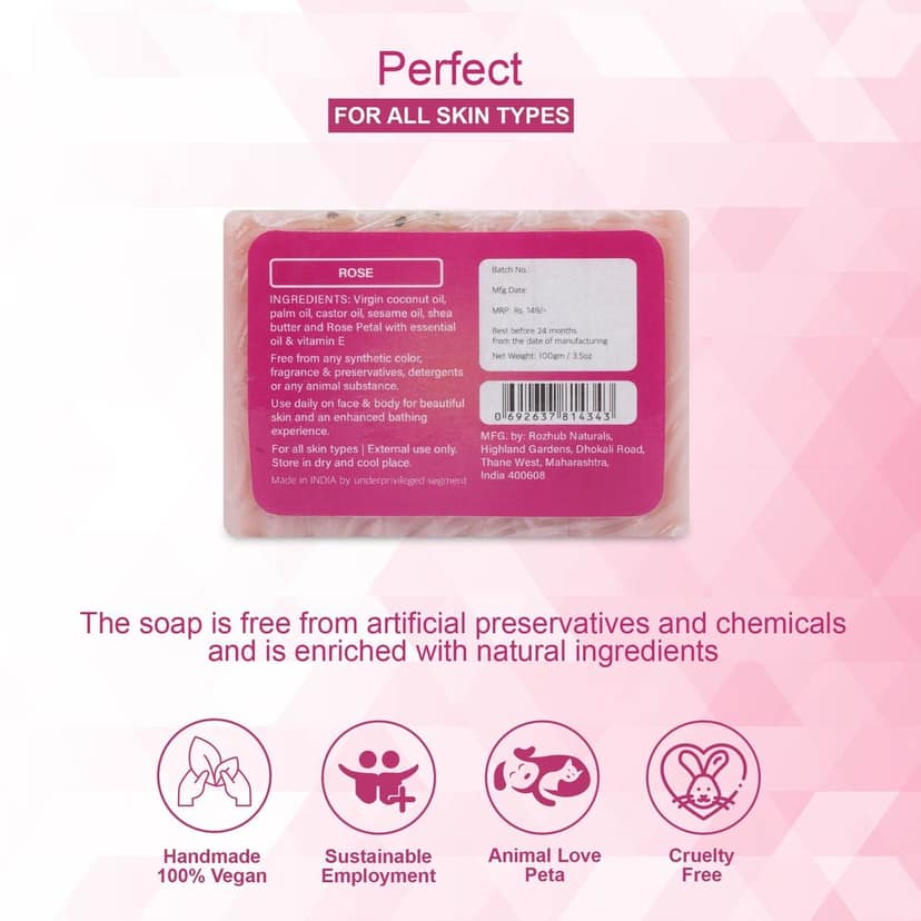 Rose Petal Handmade Bathing Bar with Vitamin E and Essential Oil - 100gm view 4