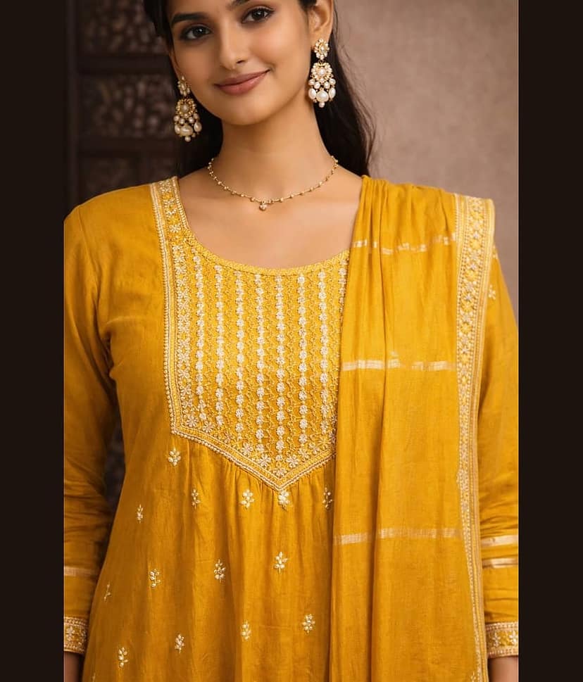 Aarika Women Cotton Blend Embroidered A-line Kurti With Pants ( Olive ) view 2