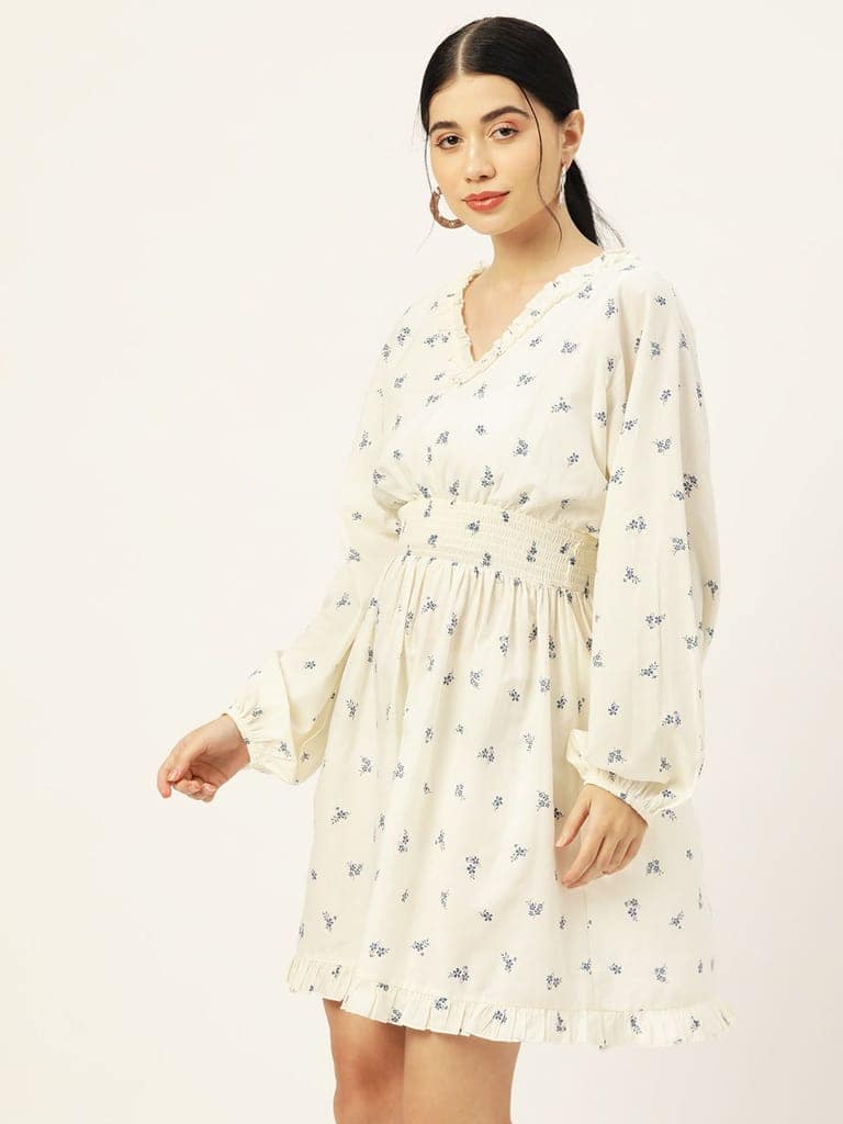 Women Floral Printed Smocked Puff Sleeves Cotton A-Line Dress view 2