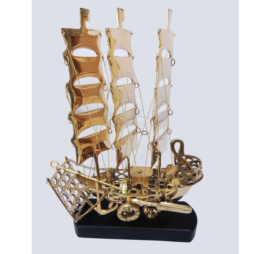 Brass Home Decor Ship Model � Nautical Wooden Base Showpiece, Height : 12.9 Inch (MRMAS223 C) view 2