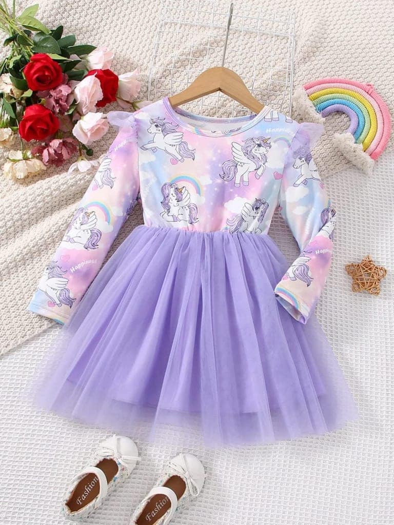 Buy & Try Girl's Modal Unicorn Printed Frock Short Knee Length Long Sleeve Frocks Dress. view 2