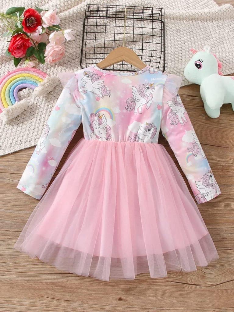 Buy & Try Girl's Modal Unicorn Printed Frock Short Knee Length Long Sleeve Frocks Dress. view 8