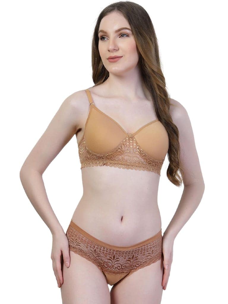 Women�s Designer Lace Lingerie Set | Non-Wired Lightly Padded Full Coverage Bra with Hipster Panty | Soft Fabric, Adjustable Straps, Elegant & Comfortable Innerwear Set