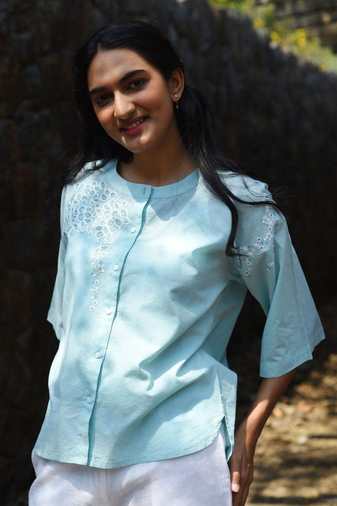 Nargis Blue Kashmiri Crewel Hand Embroidered Cotton Top. view 3