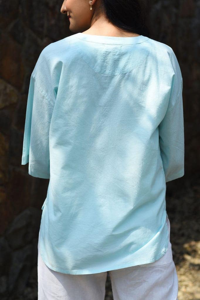 Nargis Blue Kashmiri Crewel Hand Embroidered Cotton Top. view 4