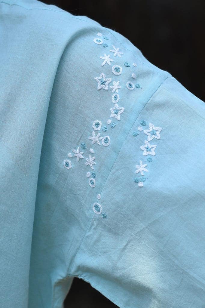 Nargis Blue Kashmiri Crewel Hand Embroidered Cotton Top. view 5