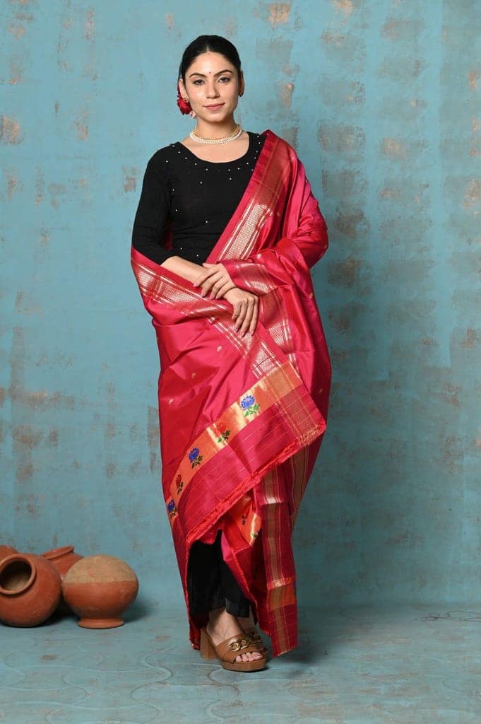 Tyohaar ~ Handloom Pure Silk Paithani Dupatta With Beautiful Handweave and Tassels ~ Red view 2