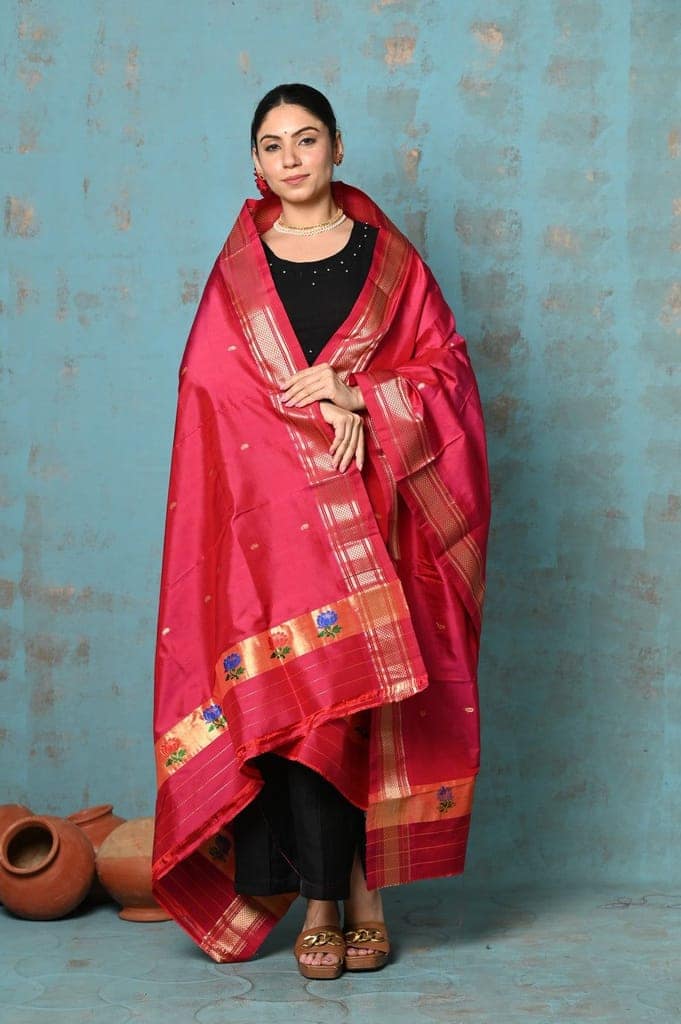 Tyohaar ~ Handloom Pure Silk Paithani Dupatta With Beautiful Handweave and Tassels ~ Red view 3