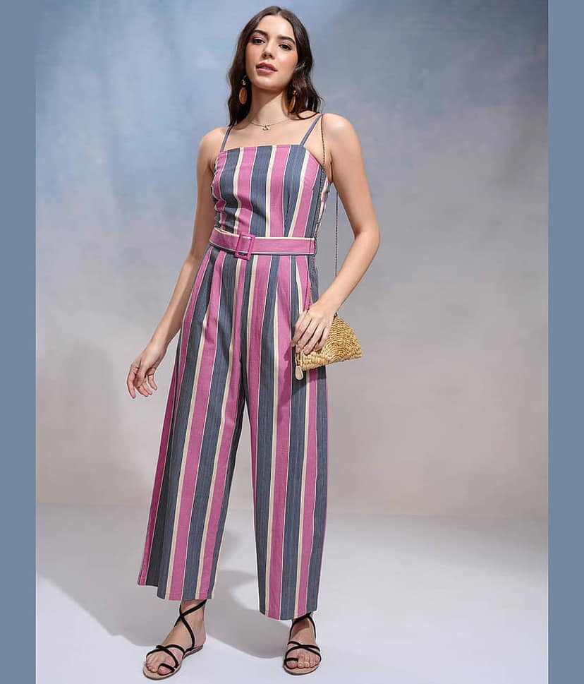 Tokyo Talkies Women Striped Cotton Blend Jumpsuit ( Multicolor )
