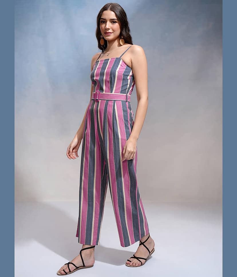 Tokyo Talkies Women Striped Cotton Blend Jumpsuit ( Multicolor ) view 3
