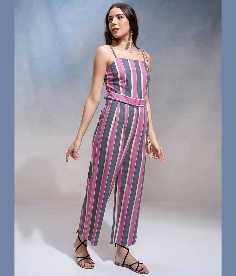 Tokyo Talkies Women Striped Cotton Blend Jumpsuit ( Multicolor ) view 4