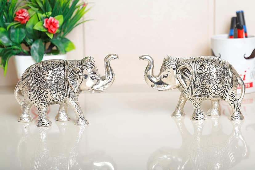 DreamKraft Elephant Metal Statue Small Size Silver Polish Set o f 2 Pcs