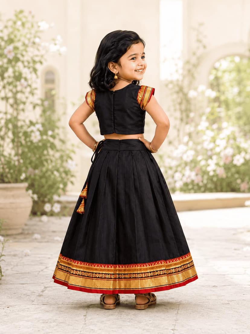 Mom and Me Girls’ Lehenga Choli/Parker Polka/Pattu Pavadai (0 Months–6 Years) | Acrylic Cotton with Soft Cotton Lining | V-Neck, Short Puff Sleeves, Zipper Closure (Black, 3-6 M) view 2