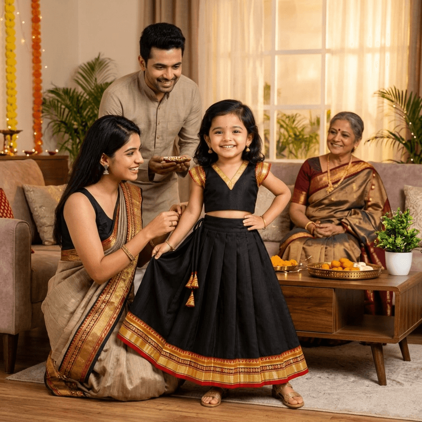 Mom and Me Girls’ Lehenga Choli/Parker Polka/Pattu Pavadai (0 Months–6 Years) | Acrylic Cotton with Soft Cotton Lining | V-Neck, Short Puff Sleeves, Zipper Closure (Black, 3-6 M) view 3