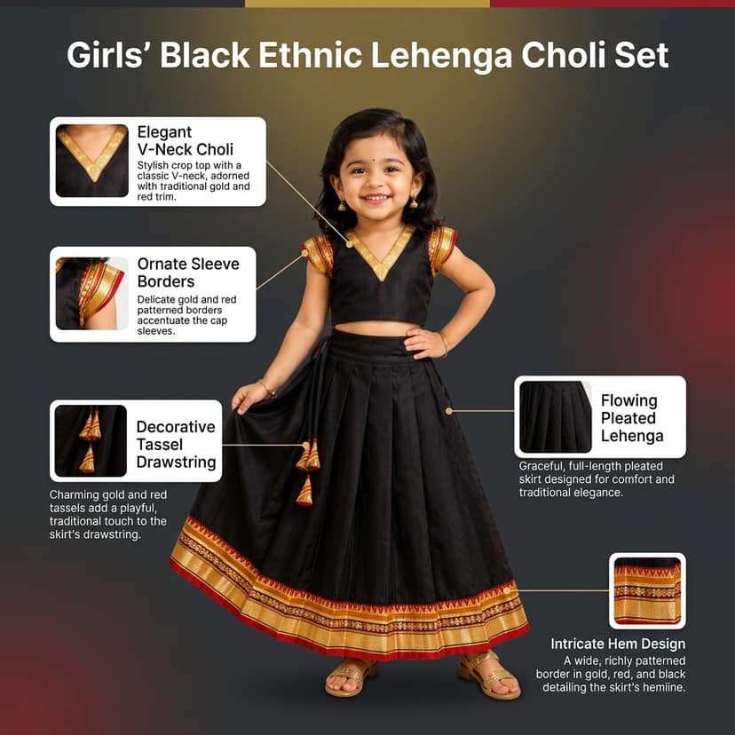 Mom and Me Girls’ Lehenga Choli/Parker Polka/Pattu Pavadai (0 Months–6 Years) | Acrylic Cotton with Soft Cotton Lining | V-Neck, Short Puff Sleeves, Zipper Closure (Black, 3-6 M) view 4