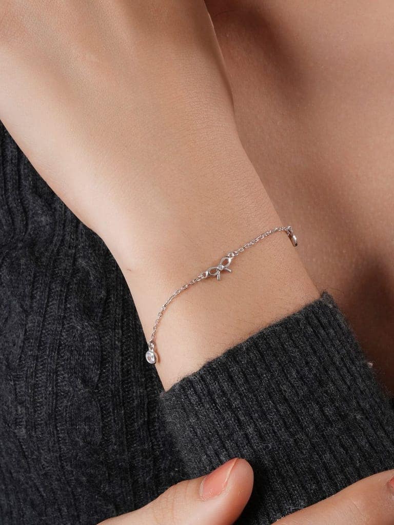 925 Sterling Silver Plated Bow Charms Link Adjustable Bracelet view 2
