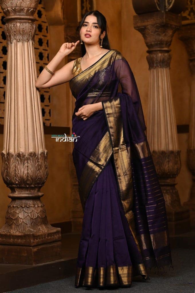 Parampara ~ Handloom Cotton Silk Saree with Golden Border in Violet view 2