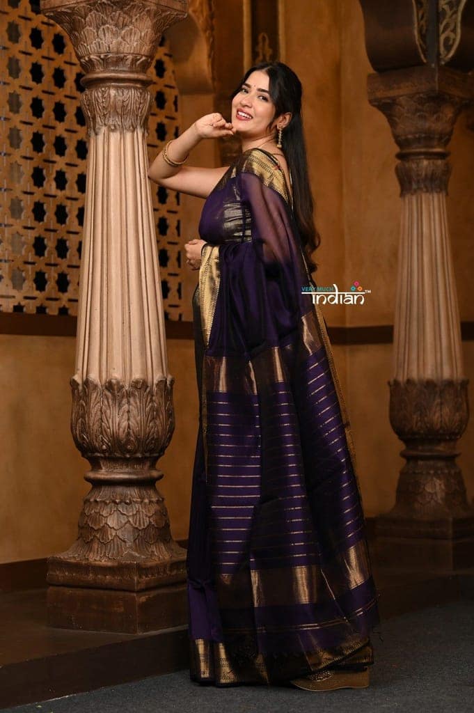 Parampara ~ Handloom Cotton Silk Saree with Golden Border in Violet view 3