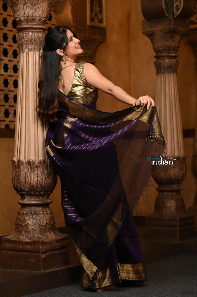 Parampara ~ Handloom Cotton Silk Saree with Golden Border in Violet view 4