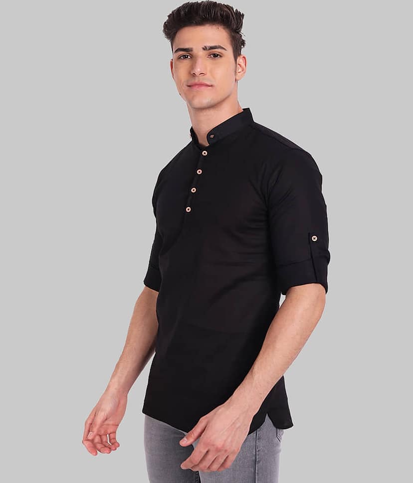 Vida Loca Linen Slim Fit Solids Rollup Sleeves Men's Casual Shirt - Black ( Pack of 1 ) view 2