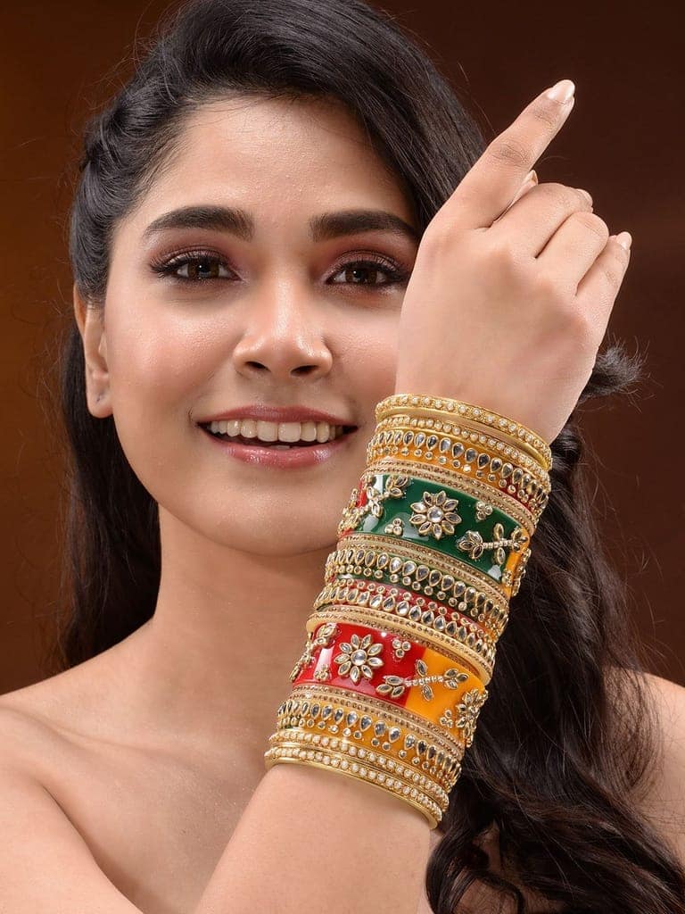 Gold Plated Set of 2 Multicolored traditional Kundan Bangles Bridal Chuda view 4