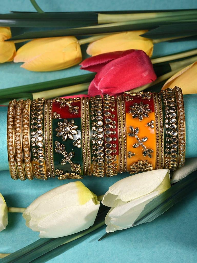 Gold Plated Set of 2 Multicolored traditional Kundan Bangles Bridal Chuda view 5