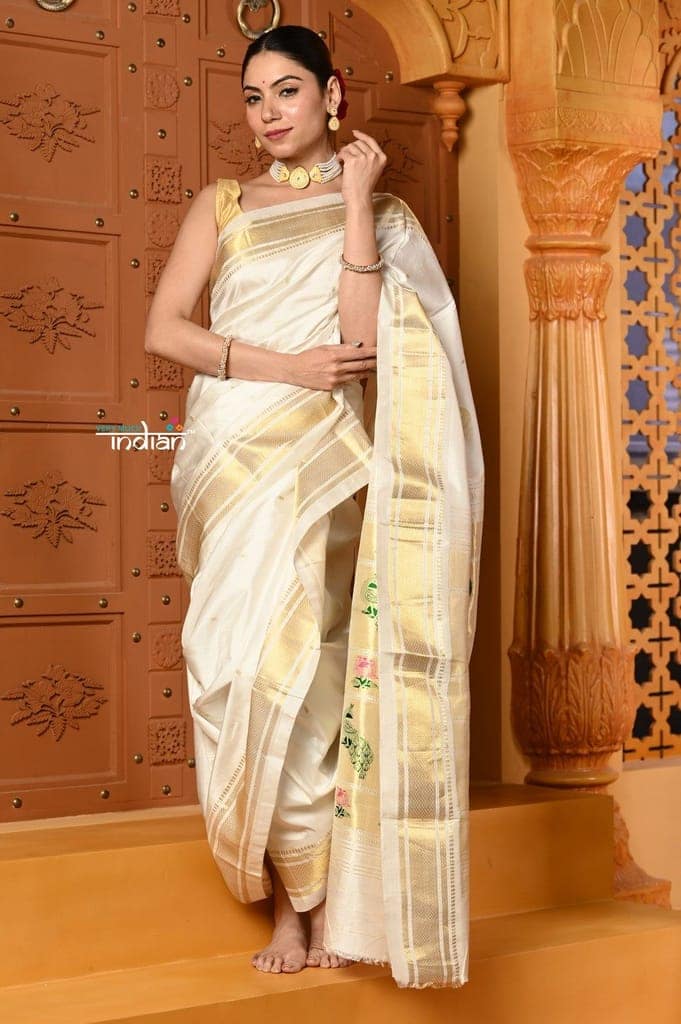 Shubh ~ Authentic Pure Silk Handloom Nauvari Paithani Sareewith Peacock Lotus Pallu in White view 2