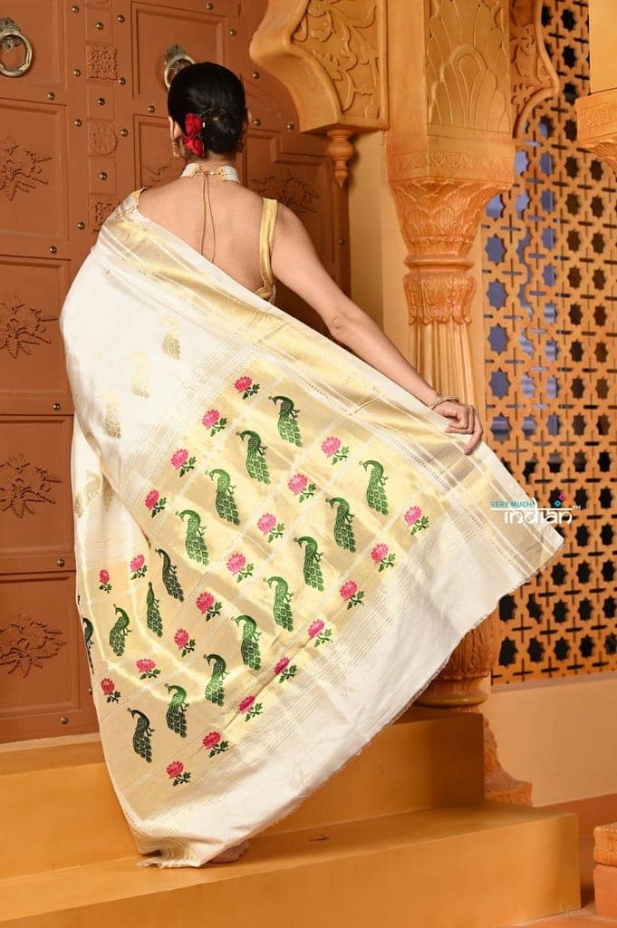 Shubh ~ Authentic Pure Silk Handloom Nauvari Paithani Sareewith Peacock Lotus Pallu in White view 6