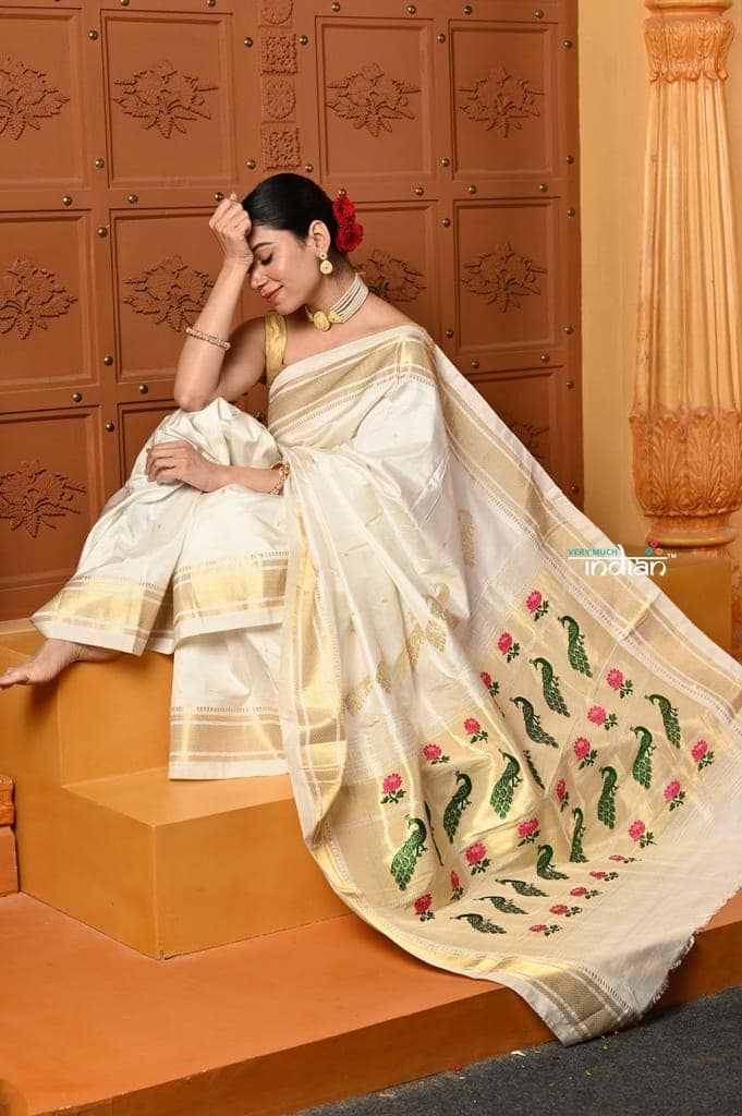 Shubh ~ Authentic Pure Silk Handloom Nauvari Paithani Sareewith Peacock Lotus Pallu in White view 7