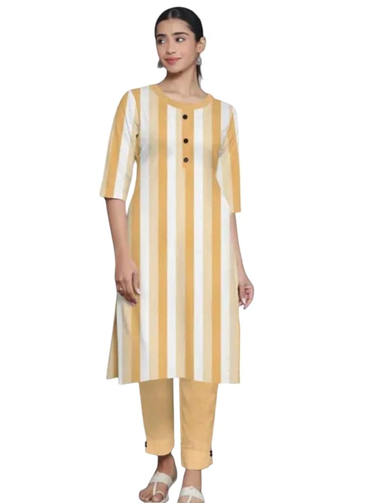 Women's Mustard Yellow Striped Straight Kurta with Pant Set view 2