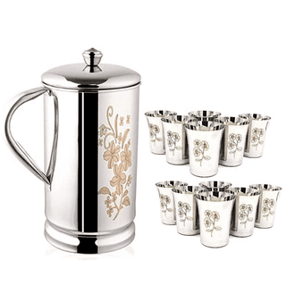 SHINI LIFESTYLE Steel floral design Jug with lid and 12pc Laser floral design glass, jug glass set