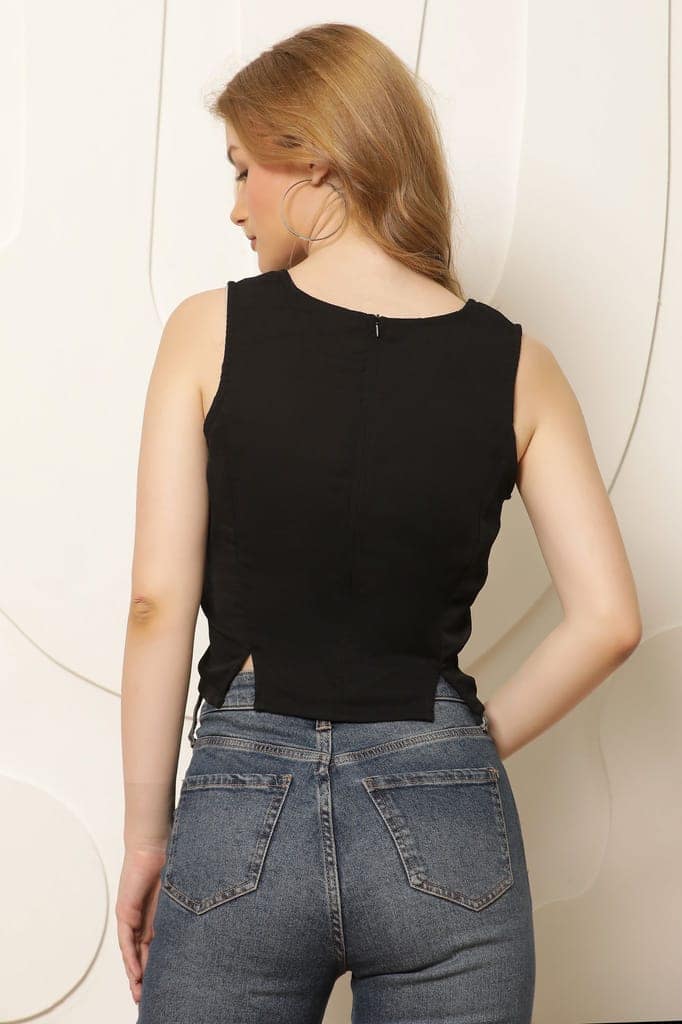 Women Black Solid Satin Finish Crop Top view 4