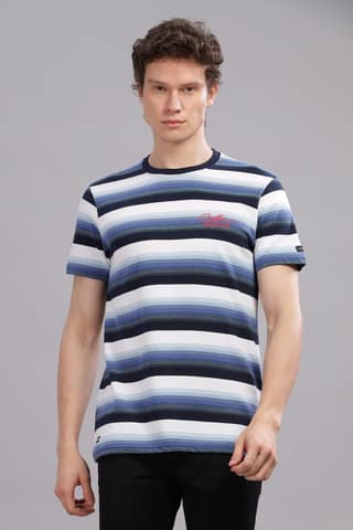 Men Striped Round Neck Polyester Blue T-Shirt