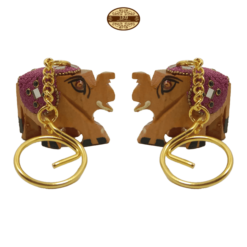 Handcrafted Wooden Elephant Key Chain, Decorative, Bajni Design, Pink, 6.5 cm x 6 cm x 4.5 cm