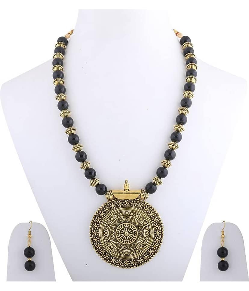 SILVERSHINE Traditional Designer Gold Oxidised Big Pendant Black Pearl mala set for Women girl