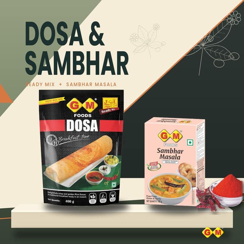 GM Foods South Indian Breakfast Special Combo | Dosa Mix 400g + Sambhar Masala 100g | Total 500g view 2