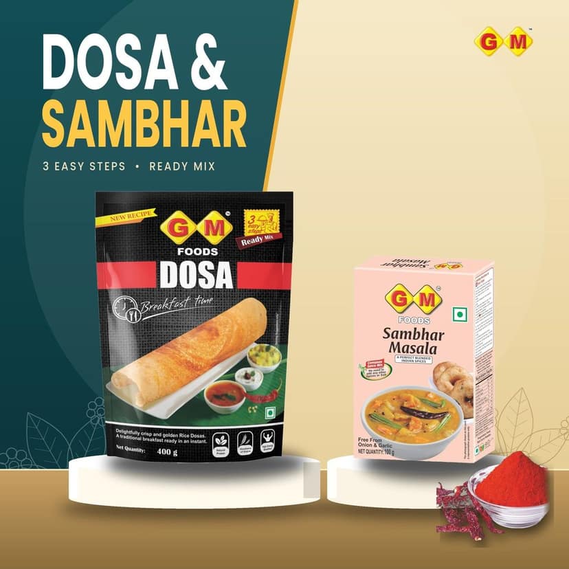 GM Foods South Indian Breakfast Special Combo | Dosa Mix 400g + Sambhar Masala 100g | Total 500g view 3