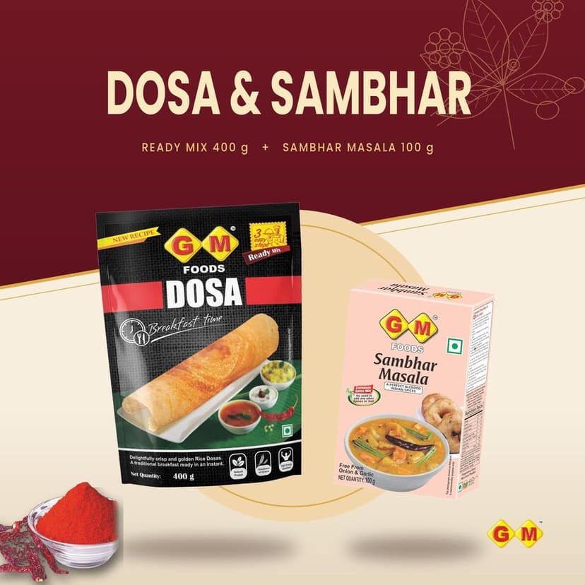 GM Foods South Indian Breakfast Special Combo | Dosa Mix 400g + Sambhar Masala 100g | Total 500g view 4