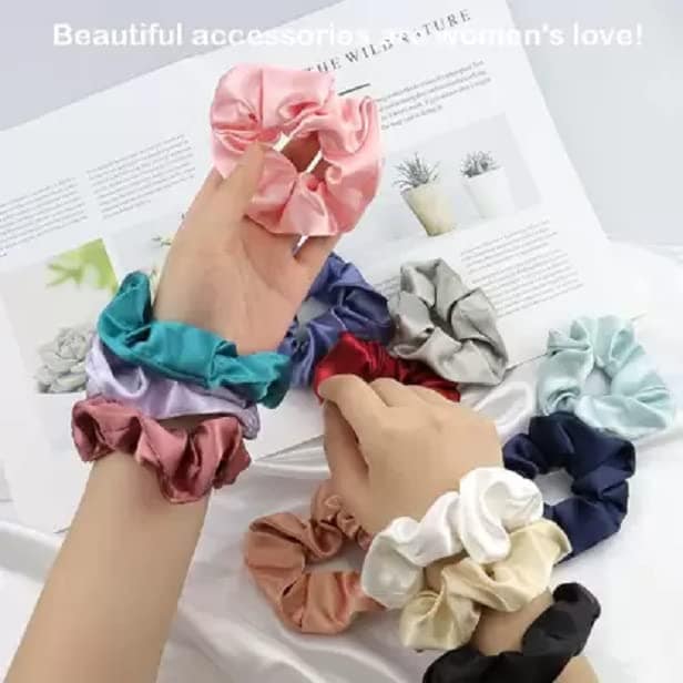 Elecsera Multicolor Pure Silk Scrunchies Hair Tie Elastic Large Hair Bands Set of 12 pcs Rubber Band (Multicolor) view 4