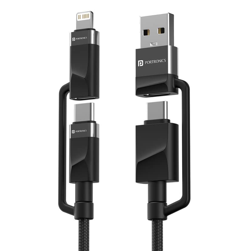 Portronics Omnicord 60W 4-In-1 Multifunctional Fast Charging Cable With Multiple Port & Strong Heads, Strong Braided Cable, Type C, Lightening, USB A, Fast Data Sync