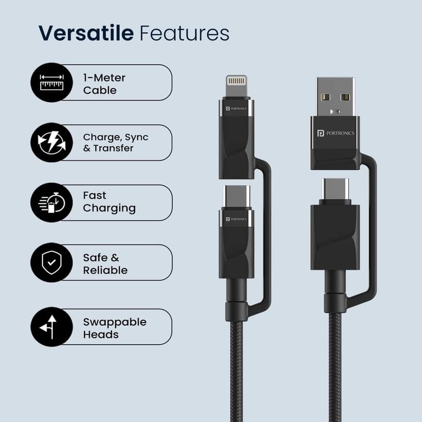 Portronics Omnicord 60W 4-In-1 Multifunctional Fast Charging Cable With Multiple Port & Strong Heads, Strong Braided Cable, Type C, Lightening, USB A, Fast Data Sync view 3