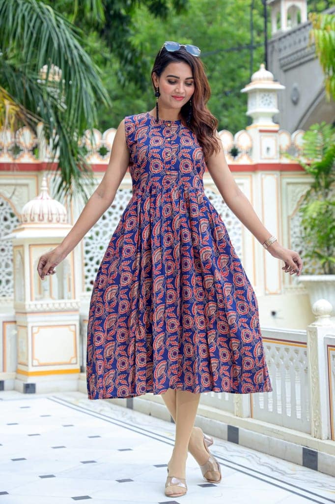 Pure Cotton (60*60) One Piece Dress Sleeveless Dark Blue Color Handblock Printed (Size: S-XXXL, 34-44)-3332