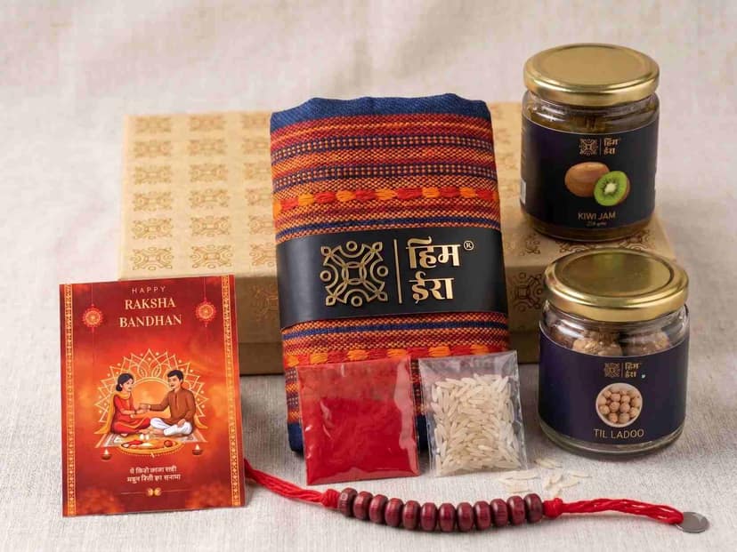 Rakhi Gourmet Hamper with Warm Muffler, Fruit Preserve & Til Laddus | Gift Pack of 3 view 2