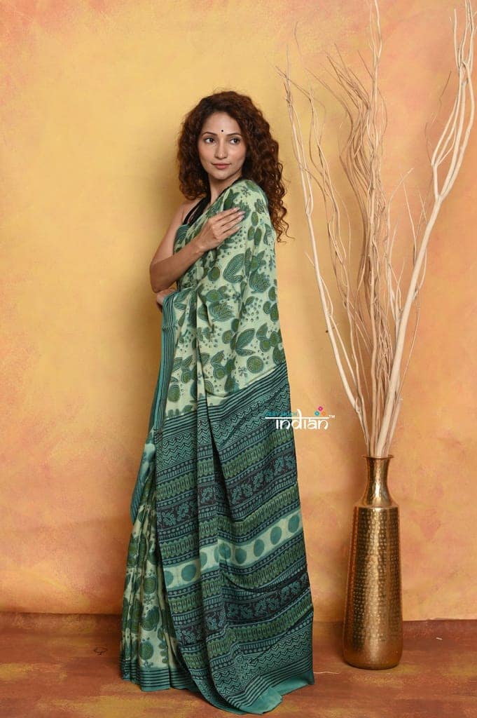 Mastaani ~ Natural Dyes Modal Silk Saree With Handblock Prints - Sea Green view 2
