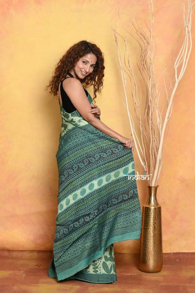 Mastaani ~ Natural Dyes Modal Silk Saree With Handblock Prints - Sea Green view 3
