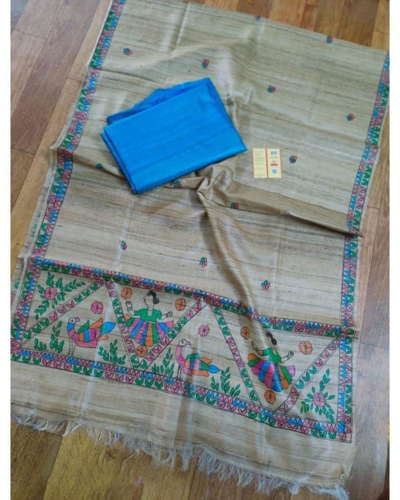Tussar Silk Madhubani Biege Dupatta and Plain Tussar Silk Blue Top (Tussar by Tussar) Silkmark Certified-6260